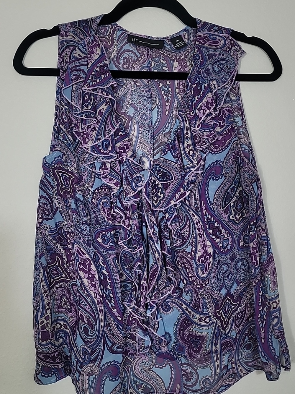 Vintage INC 100% Silk Sheer Tank Top Size S/M Purple Paisley Ruffle Y2K